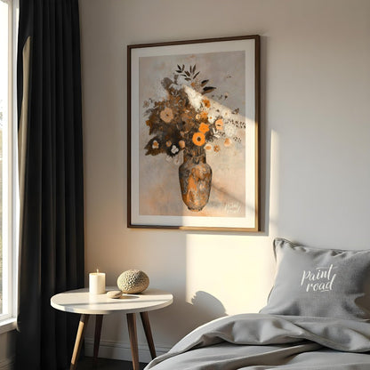 This artwork, titled “Autumnal Bouquet,” presents a still life of flowers in a vase rendered with a… for bedroom