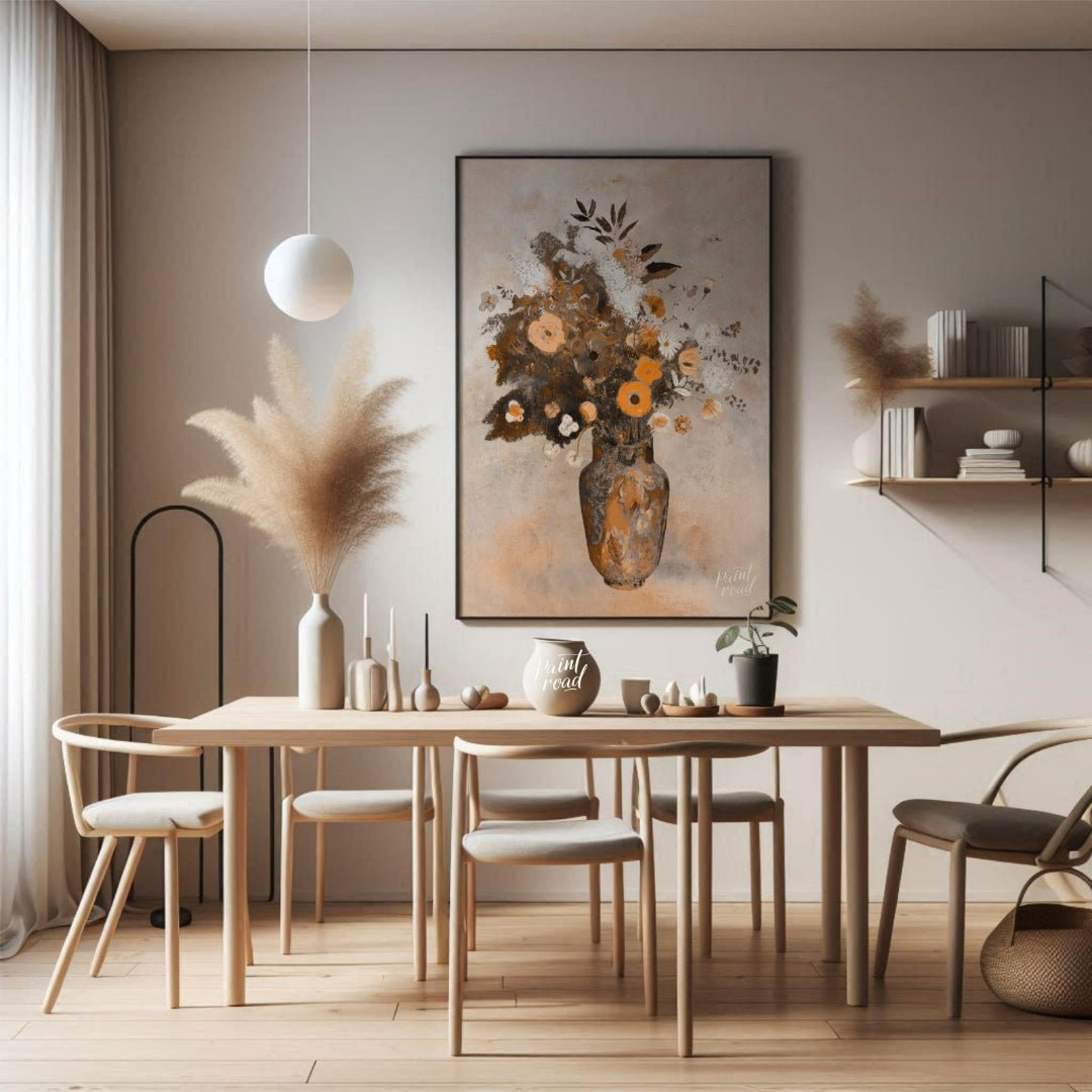 This artwork, titled “Autumnal Bouquet,” presents a still life of flowers in a vase rendered with a… for dining room