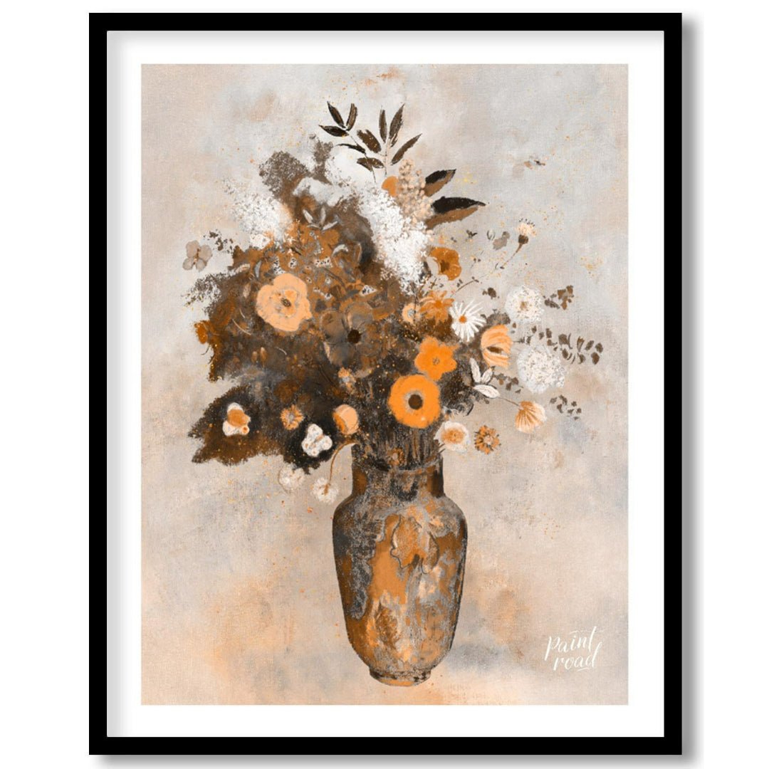 This artwork, titled “Autumnal Bouquet,” presents a still life of flowers in a vase rendered with a… for home