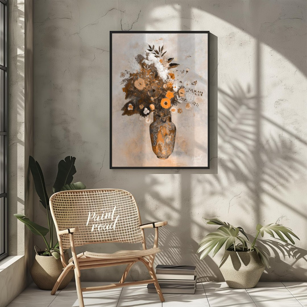 This artwork, titled “Autumnal Bouquet,” presents a still life of flowers in a vase rendered with a… for living room