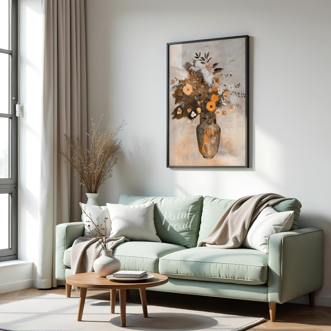 This artwork, titled “Autumnal Bouquet,” presents a still life of flowers in a vase rendered with a… for living room