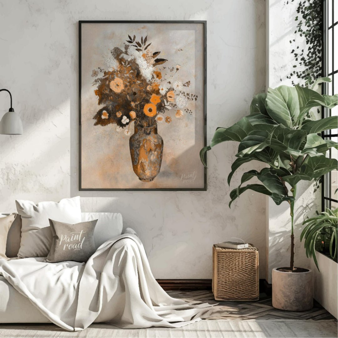 This artwork, titled “Autumnal Bouquet,” presents a still life of flowers in a vase rendered with a… for living room