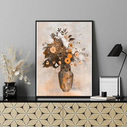 This artwork, titled “Autumnal Bouquet,” presents a still life of flowers in a vase rendered with a… for office