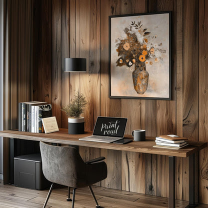 This artwork, titled “Autumnal Bouquet,” presents a still life of flowers in a vase rendered with a… for office