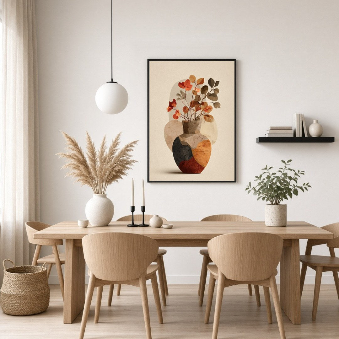 Immerse yourself in the subtle charm of autumn with this art print, showcasing a textured vase for Dining