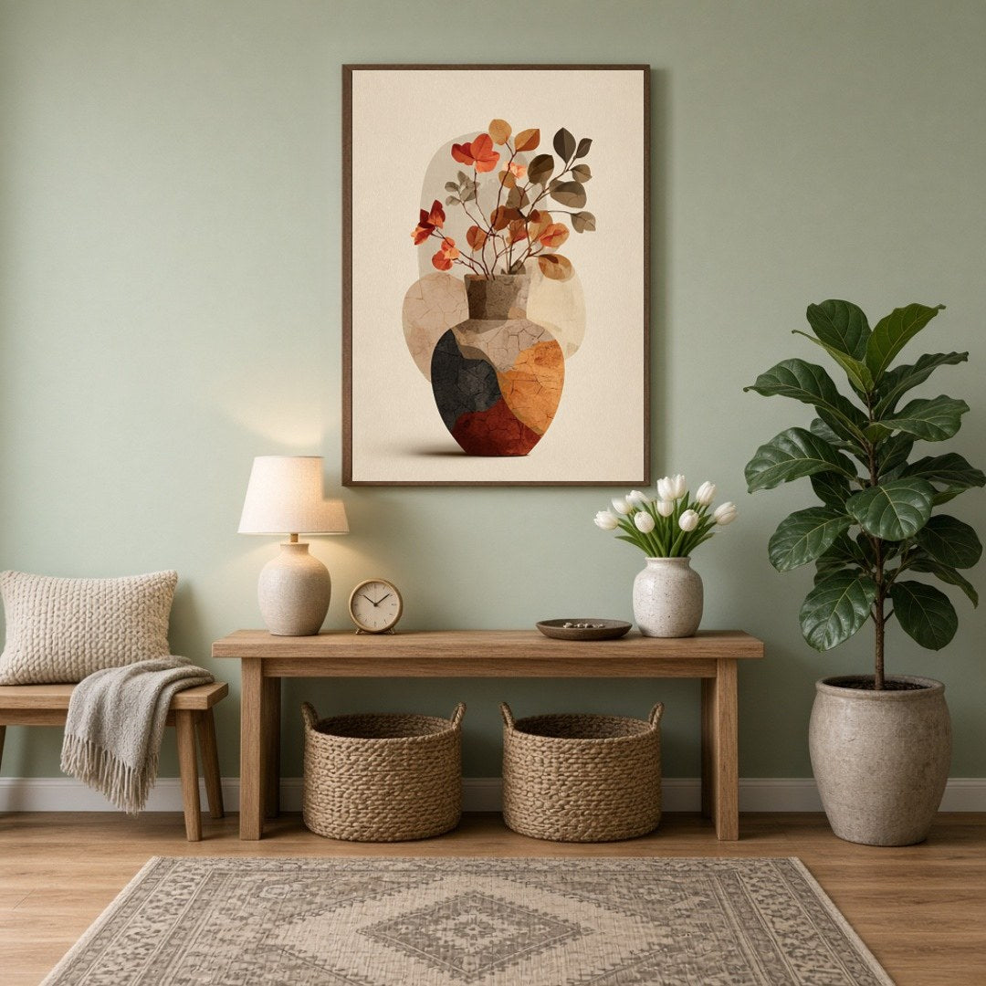 Immerse yourself in the subtle charm of autumn with this art print, showcasing a textured vase for Entrance