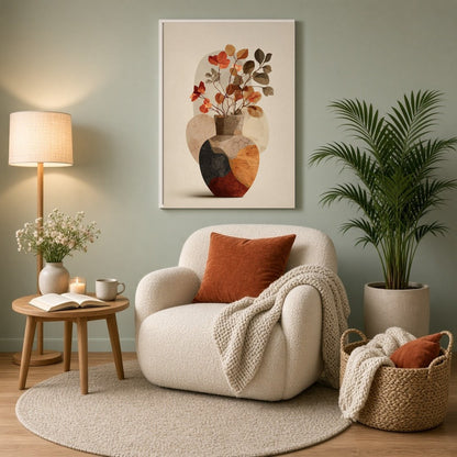 Immerse yourself in the subtle charm of autumn with this art print, showcasing a textured vase for Reading Nook