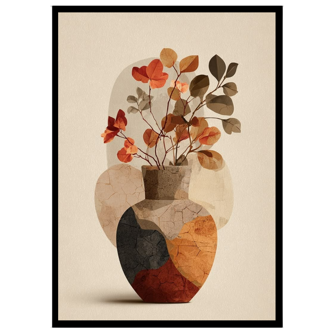 Immerse yourself in the subtle charm of autumn with this art print, showcasing a textured vase for space