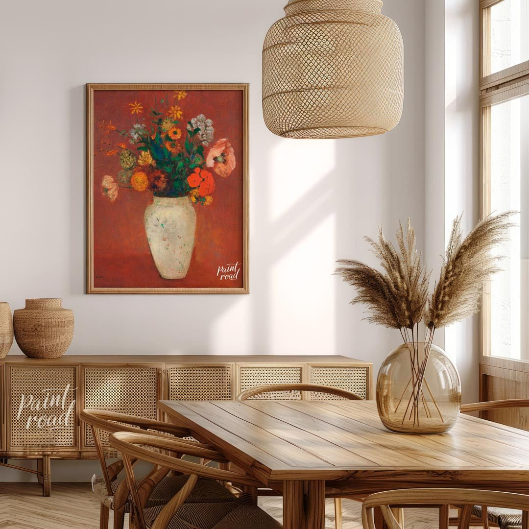 This striking painting, “Bouquet in a Chinese Vase” by Odilon Redon, features a diverse collection … for dining room