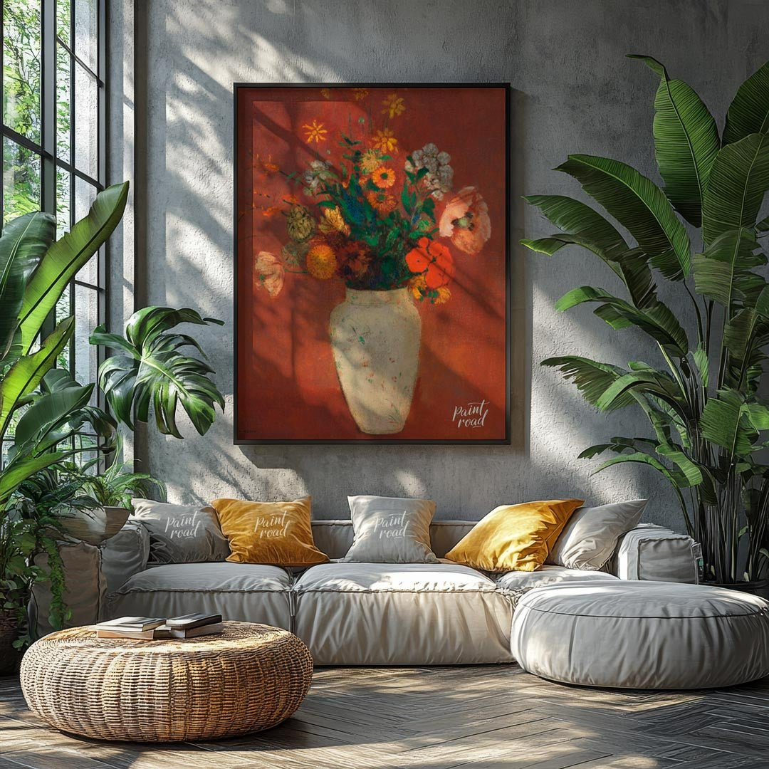 This striking painting, “Bouquet in a Chinese Vase” by Odilon Redon, features a diverse collection … for living room