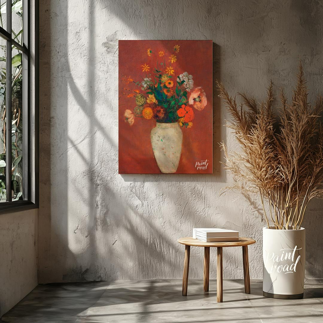 This striking painting, “Bouquet in a Chinese Vase” by Odilon Redon, features a diverse collection … for living room