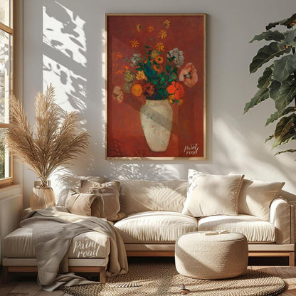 This striking painting, “Bouquet in a Chinese Vase” by Odilon Redon, features a diverse collection … for living room
