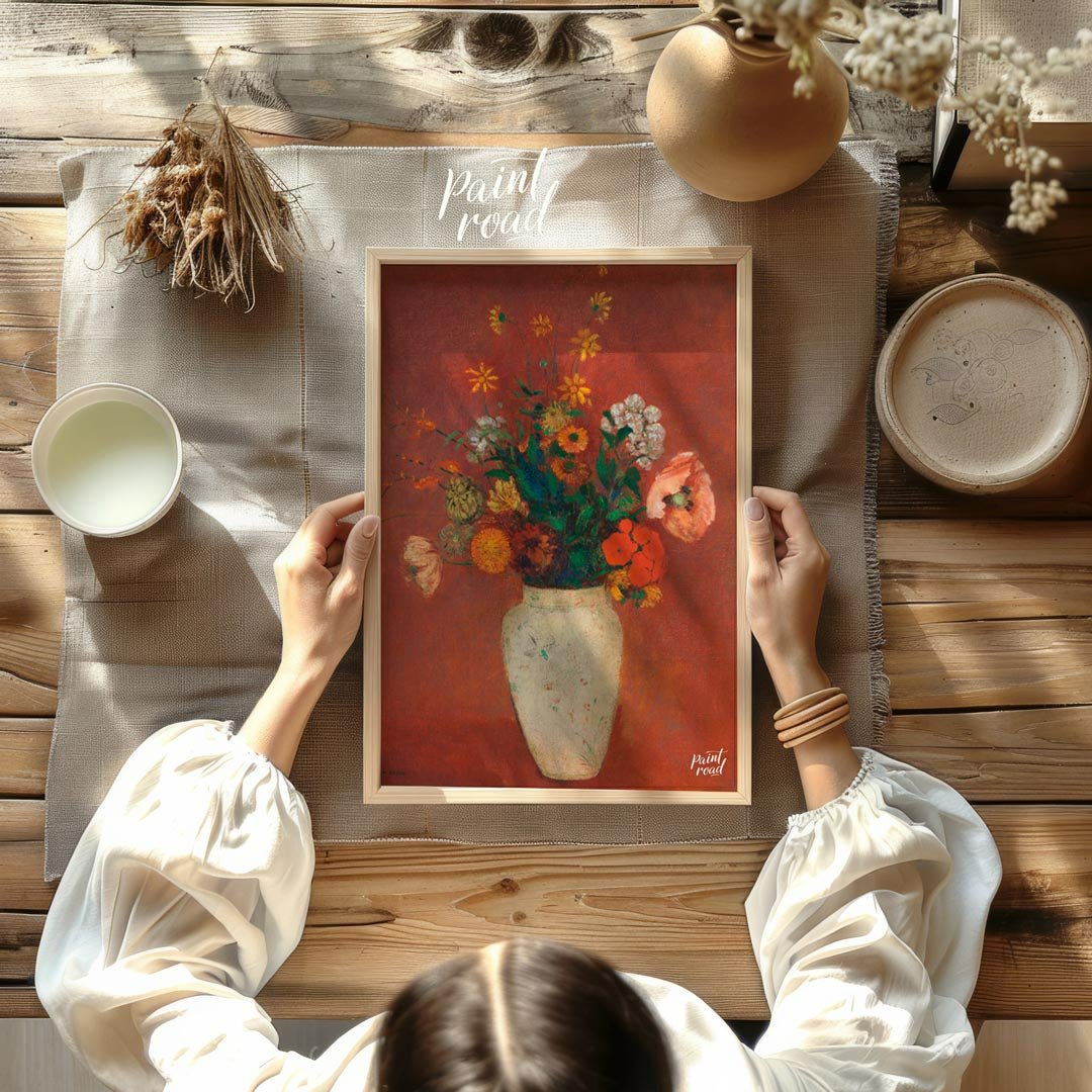 This striking painting, “Bouquet in a Chinese Vase” by Odilon Redon, features a diverse collection … for other