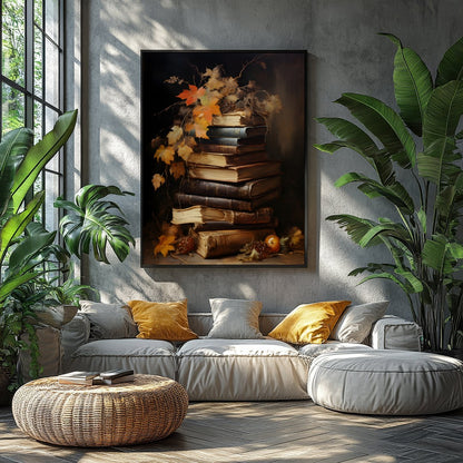 This captivating still life features a stack of vintage books adorned with autumn leaves, exuding a for Balcony