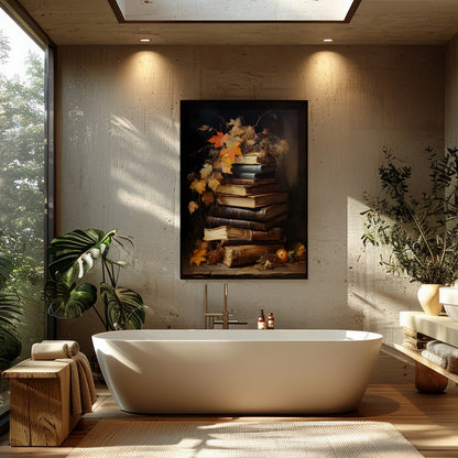 This captivating still life features a stack of vintage books adorned with autumn leaves, exuding a for Bathroom