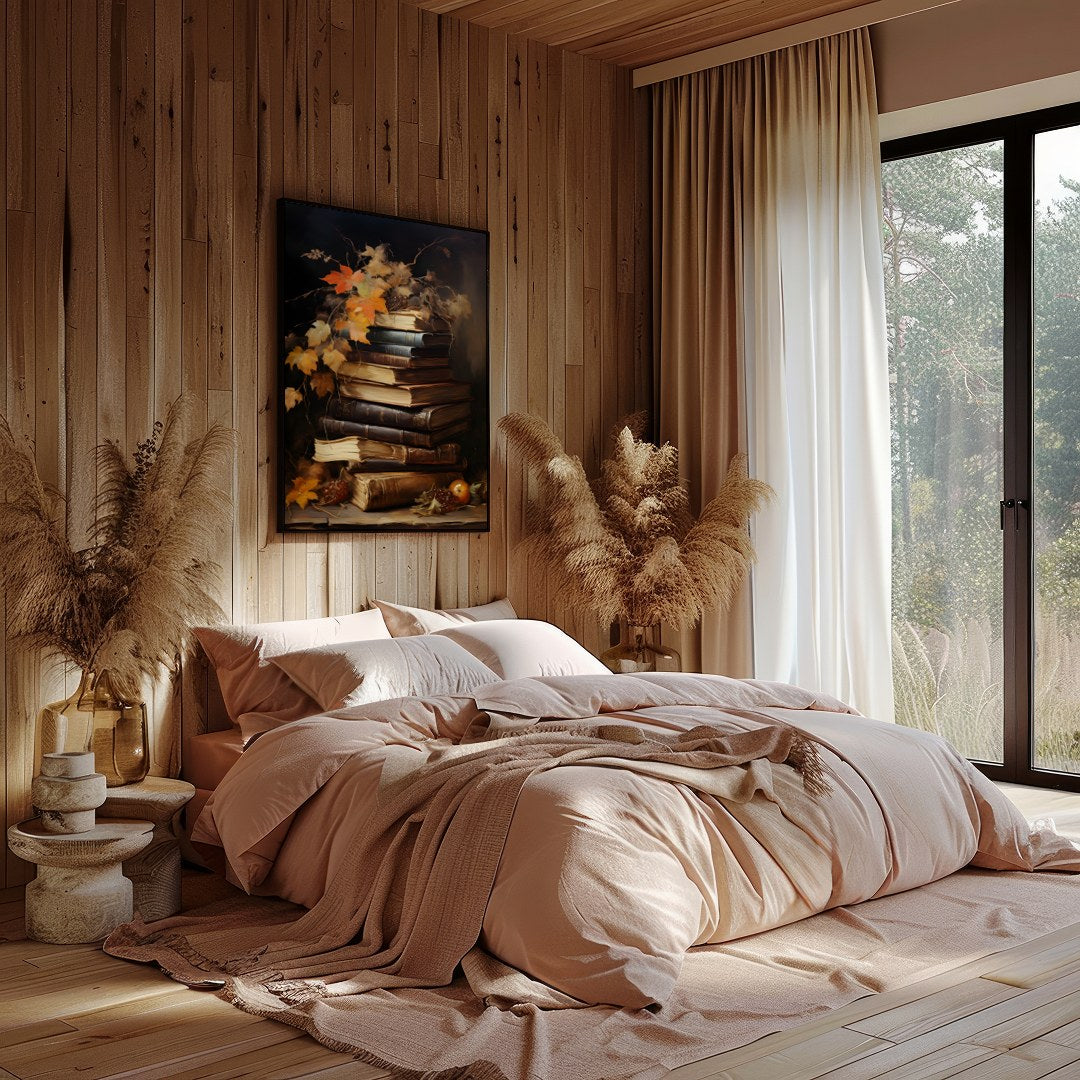 This captivating still life features a stack of vintage books adorned with autumn leaves, exuding a for Bedroom
