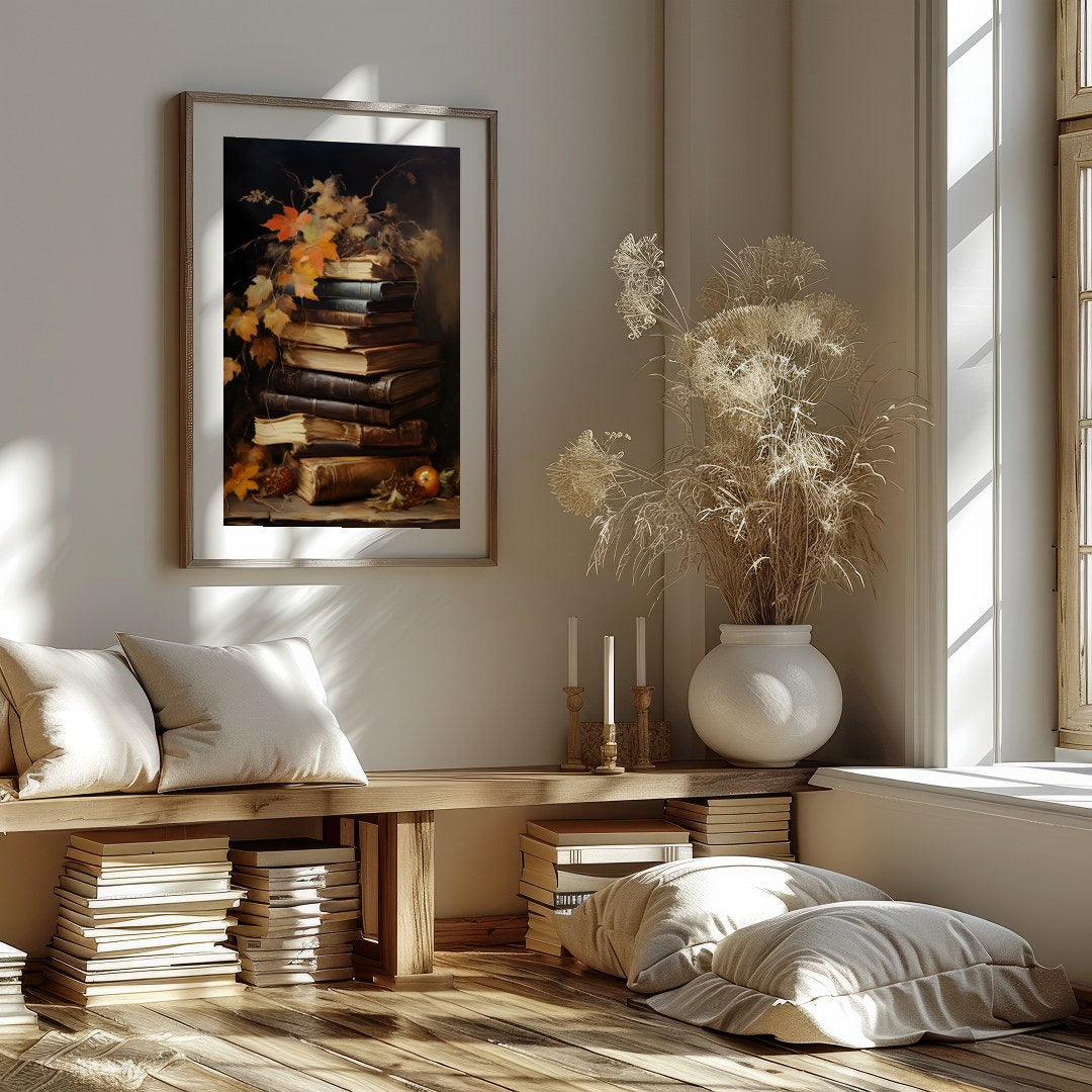 This captivating still life features a stack of vintage books adorned with autumn leaves, exuding a for dwelling
