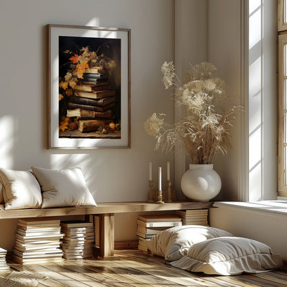 This captivating still life features a stack of vintage books adorned with autumn leaves, exuding a for dwelling