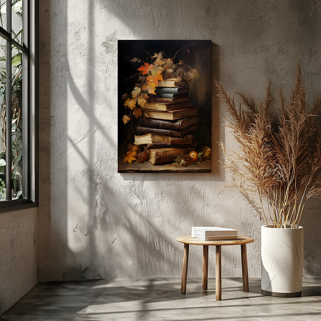 This captivating still life features a stack of vintage books adorned with autumn leaves, exuding a for Entrance