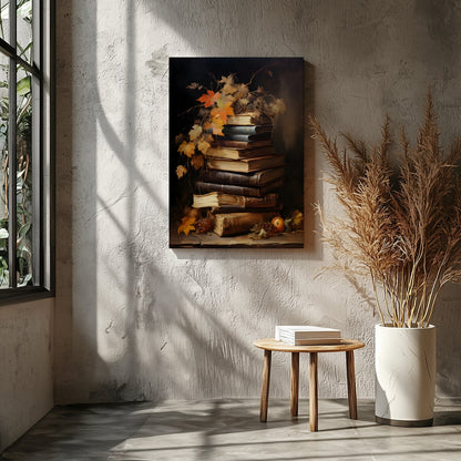 This captivating still life features a stack of vintage books adorned with autumn leaves, exuding a for Entrance