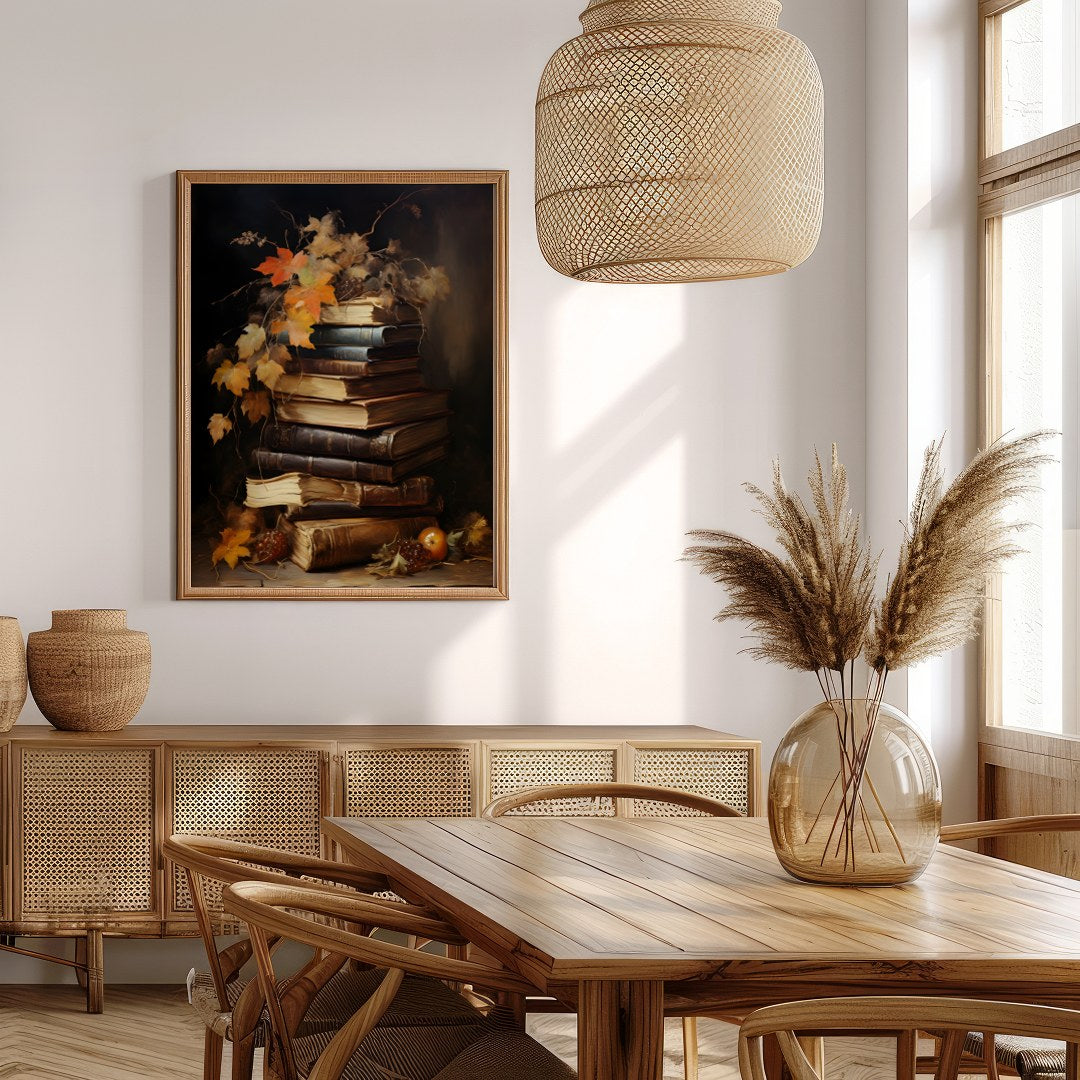 This captivating still life features a stack of vintage books adorned with autumn leaves, exuding a for Extra Kitchen