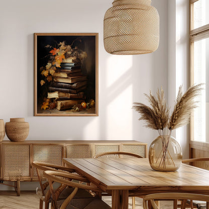 This captivating still life features a stack of vintage books adorned with autumn leaves, exuding a for Extra Kitchen