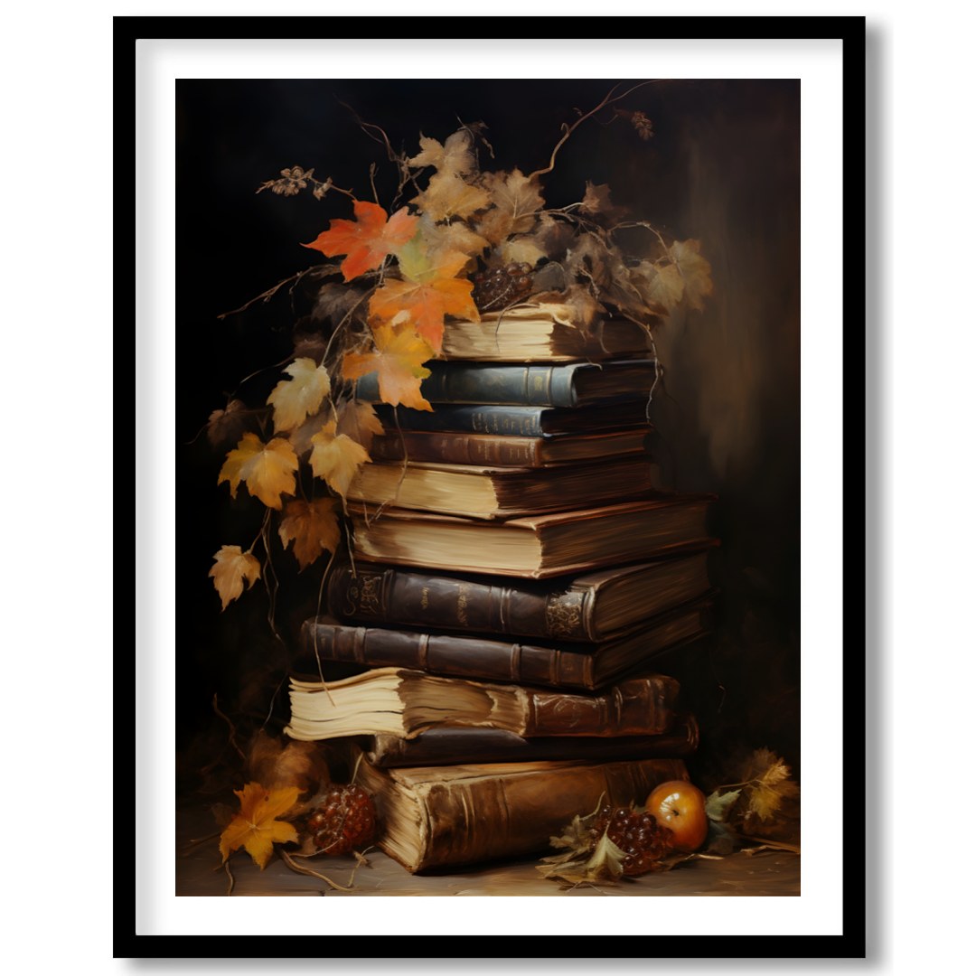 This captivating still life features a stack of vintage books adorned with autumn leaves, exuding a for gallery