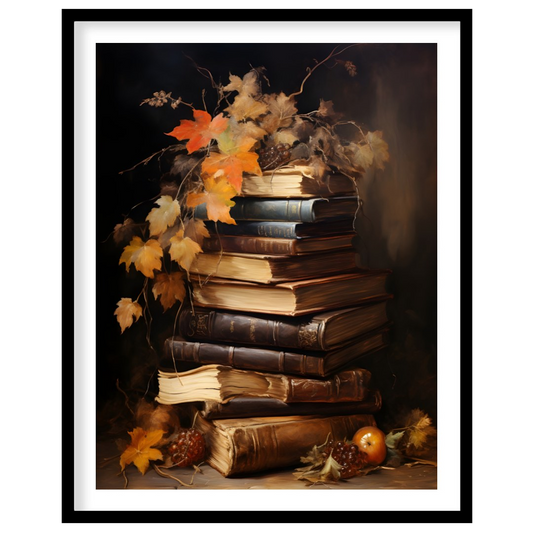 This captivating still life features a stack of vintage books adorned with autumn leaves, exuding a for gallery