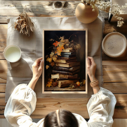 This captivating still life features a stack of vintage books adorned with autumn leaves, exuding a for Kitchen