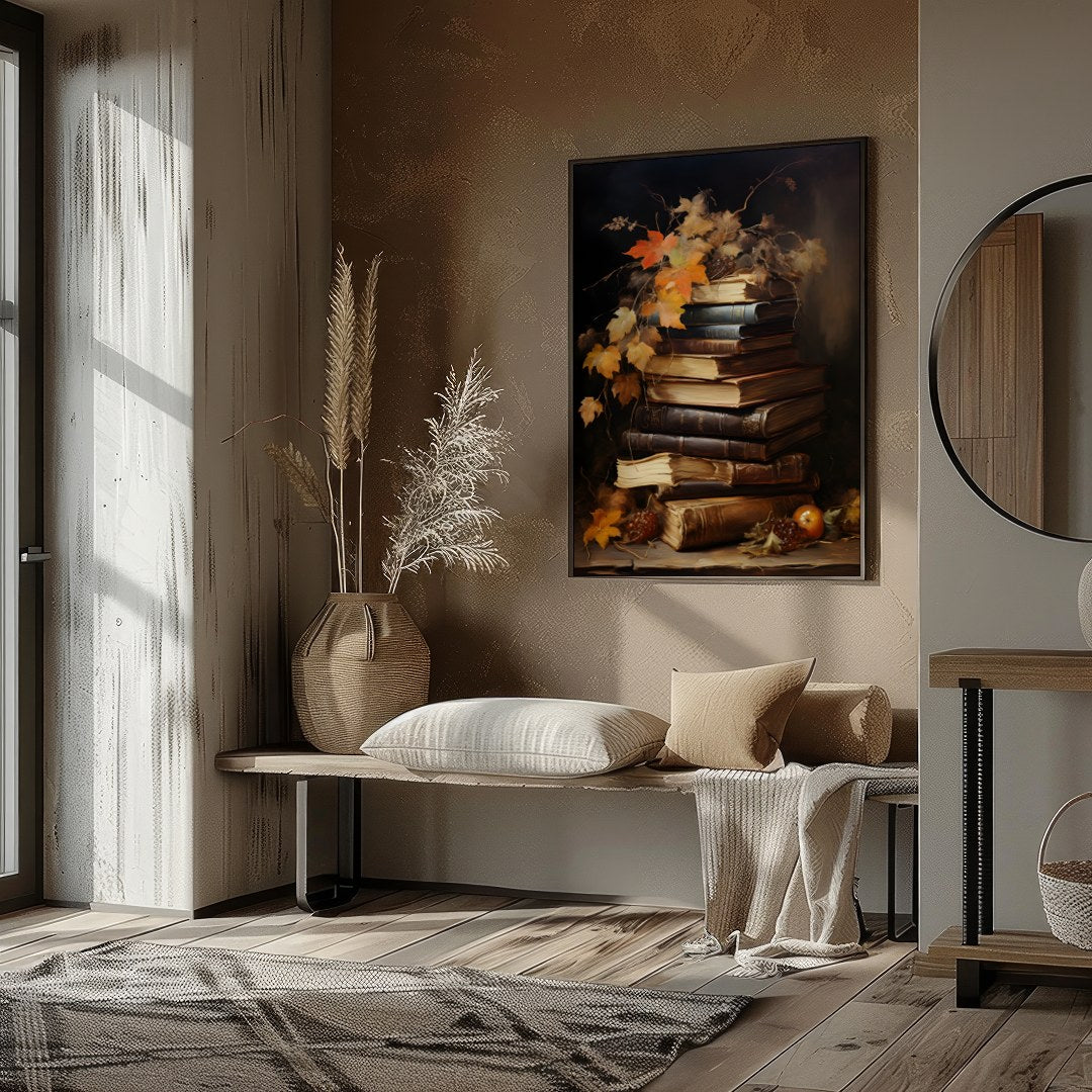 This captivating still life features a stack of vintage books adorned with autumn leaves, exuding a for sanctuary