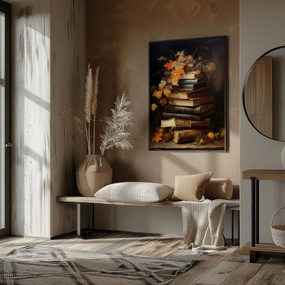 This captivating still life features a stack of vintage books adorned with autumn leaves, exuding a for sanctuary