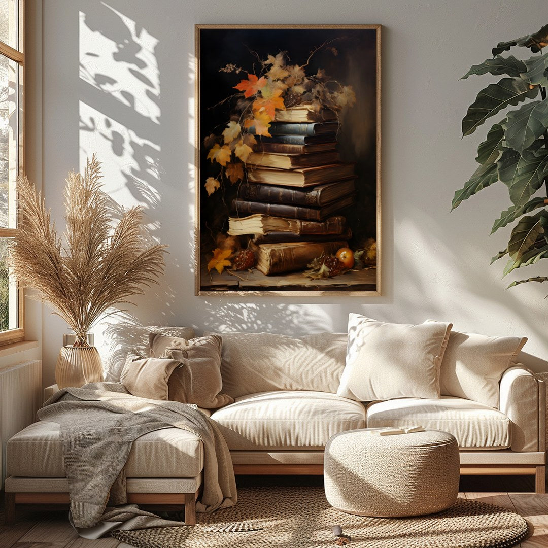 This captivating still life features a stack of vintage books adorned with autumn leaves, exuding a for Sitting Area