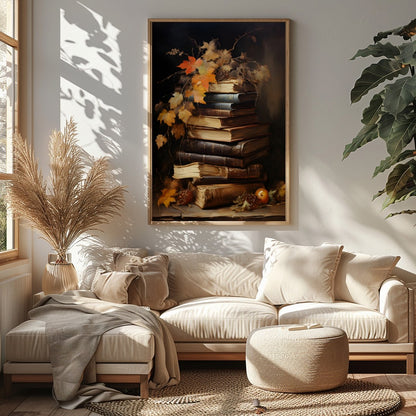 This captivating still life features a stack of vintage books adorned with autumn leaves, exuding a for Sitting Area