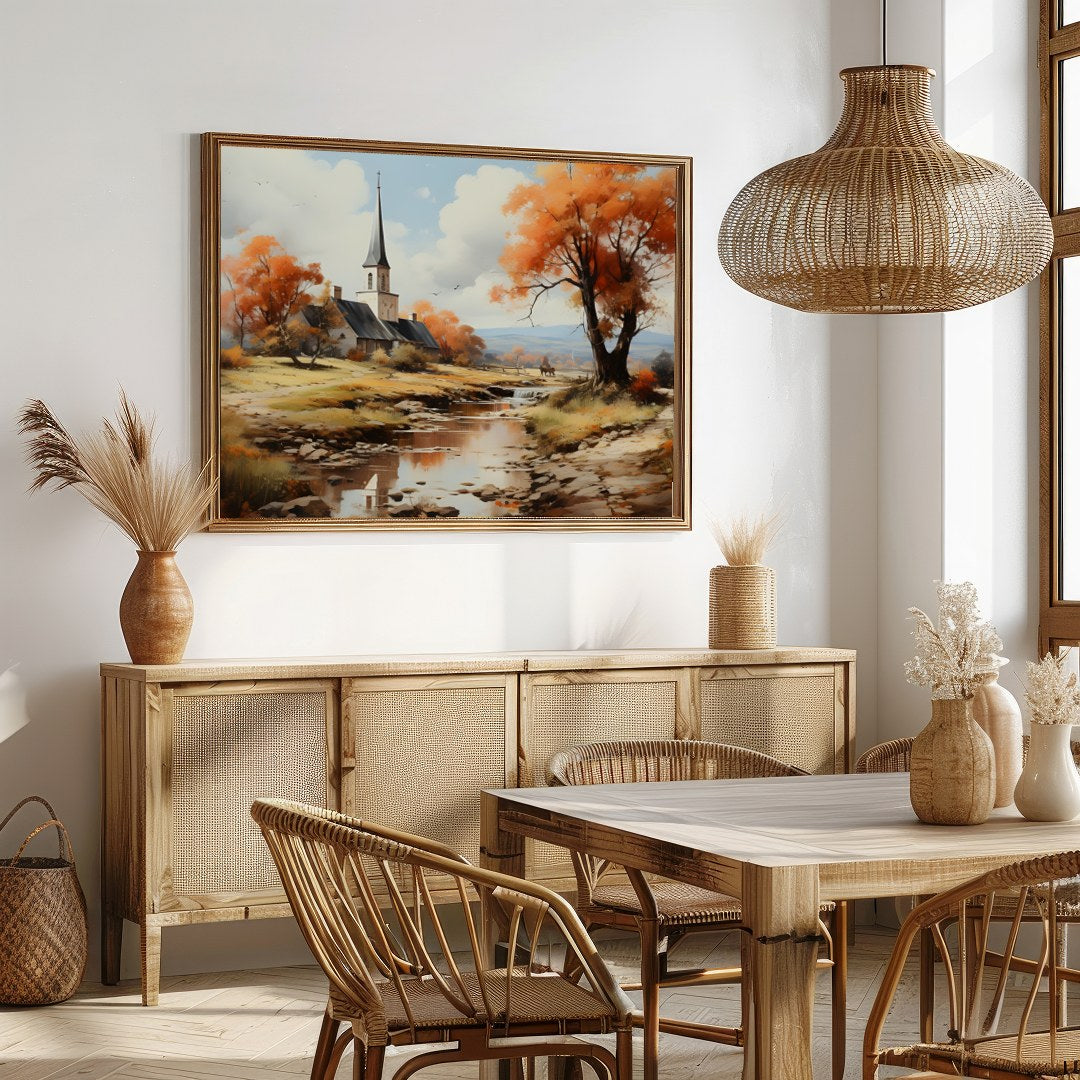 Immerse yourself in the serene beauty of a peaceful autumn landscape, where vibrant orange hues for Dining