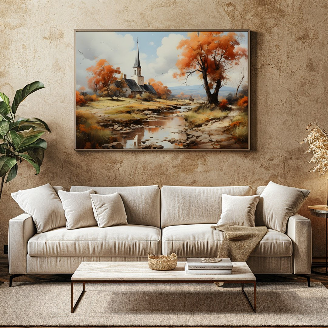 Immerse yourself in the serene beauty of a peaceful autumn landscape, where vibrant orange hues for Family Room