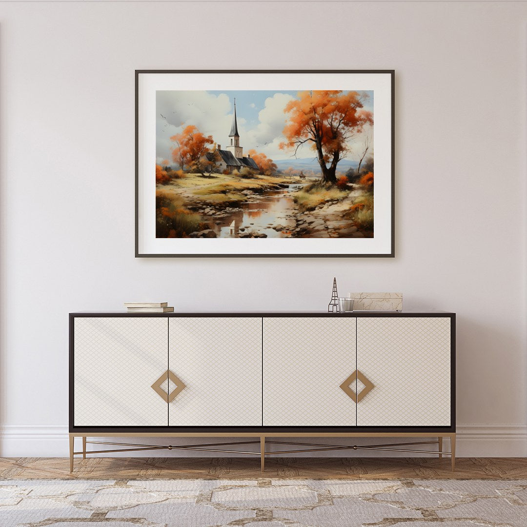 Immerse yourself in the serene beauty of a peaceful autumn landscape, where vibrant orange hues for Foyer