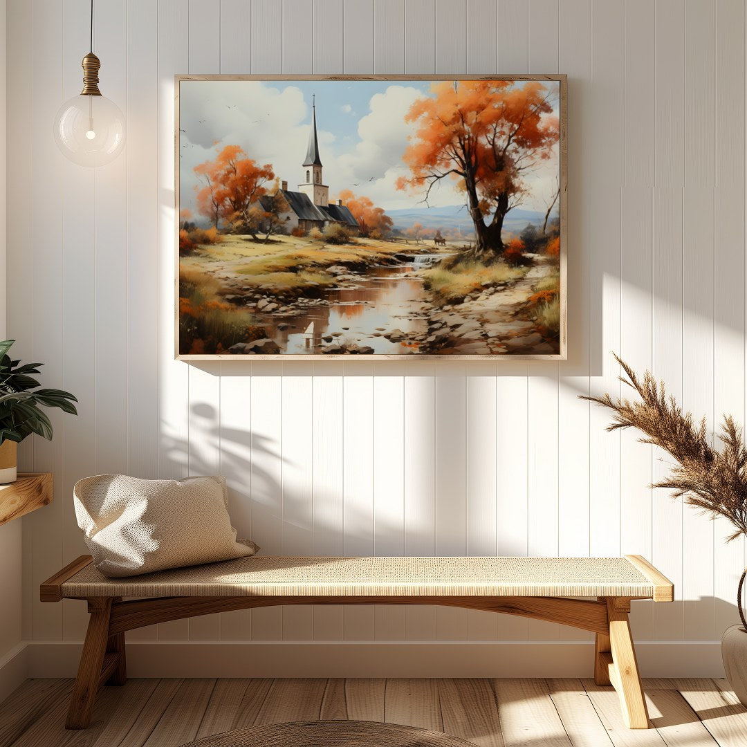 Immerse yourself in the serene beauty of a peaceful autumn landscape, where vibrant orange hues for gallery