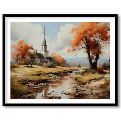 Immerse yourself in the serene beauty of a peaceful autumn landscape, where vibrant orange hues for hallway