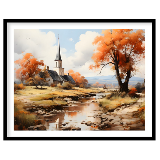 Immerse yourself in the serene beauty of a peaceful autumn landscape, where vibrant orange hues for hallway