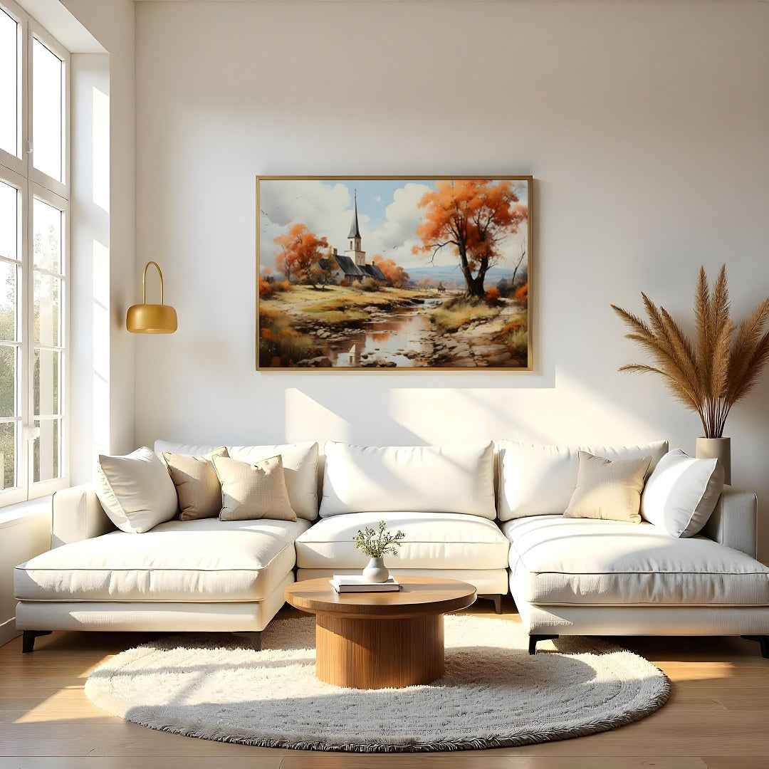 Immerse yourself in the serene beauty of a peaceful autumn landscape, where vibrant orange hues for Living Room