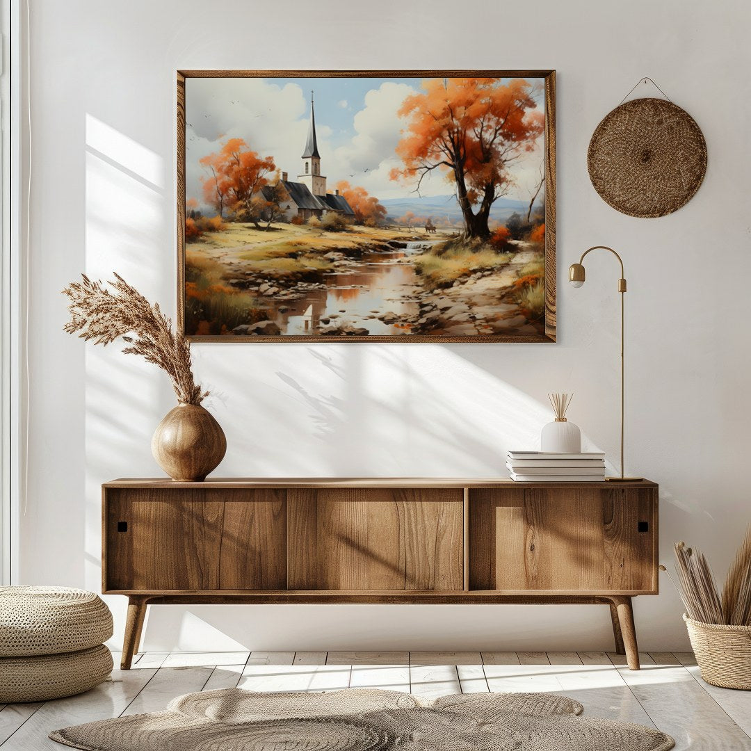 Immerse yourself in the serene beauty of a peaceful autumn landscape, where vibrant orange hues for Sitting Area
