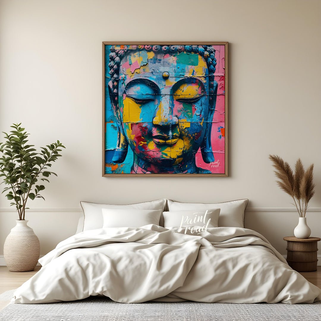 Awakening in Color" portrays Buddha's serene visage in a vibrant, modern context. Bold strokes of c… for bedroom