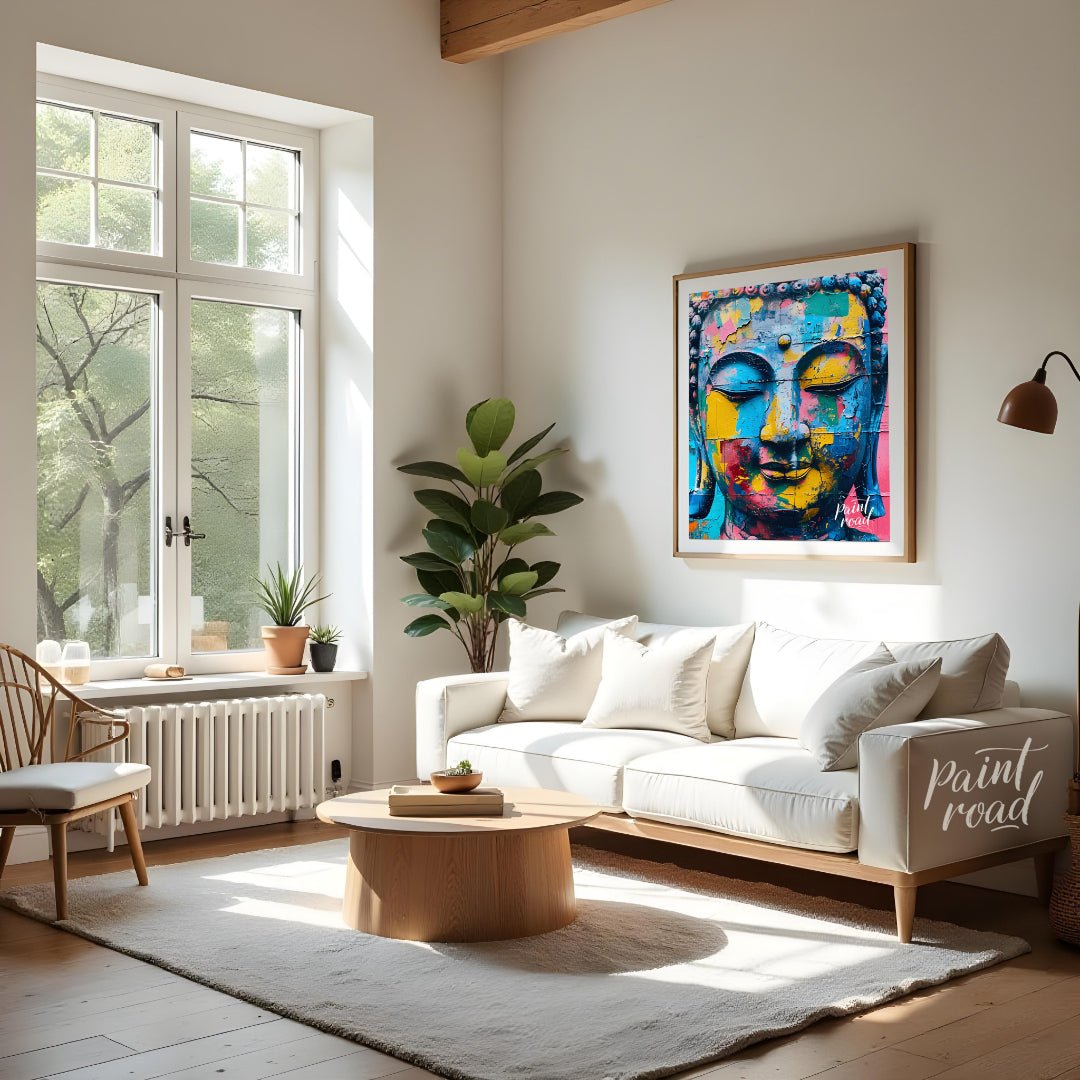 Awakening in Color" portrays Buddha's serene visage in a vibrant, modern context. Bold strokes of c… for living room