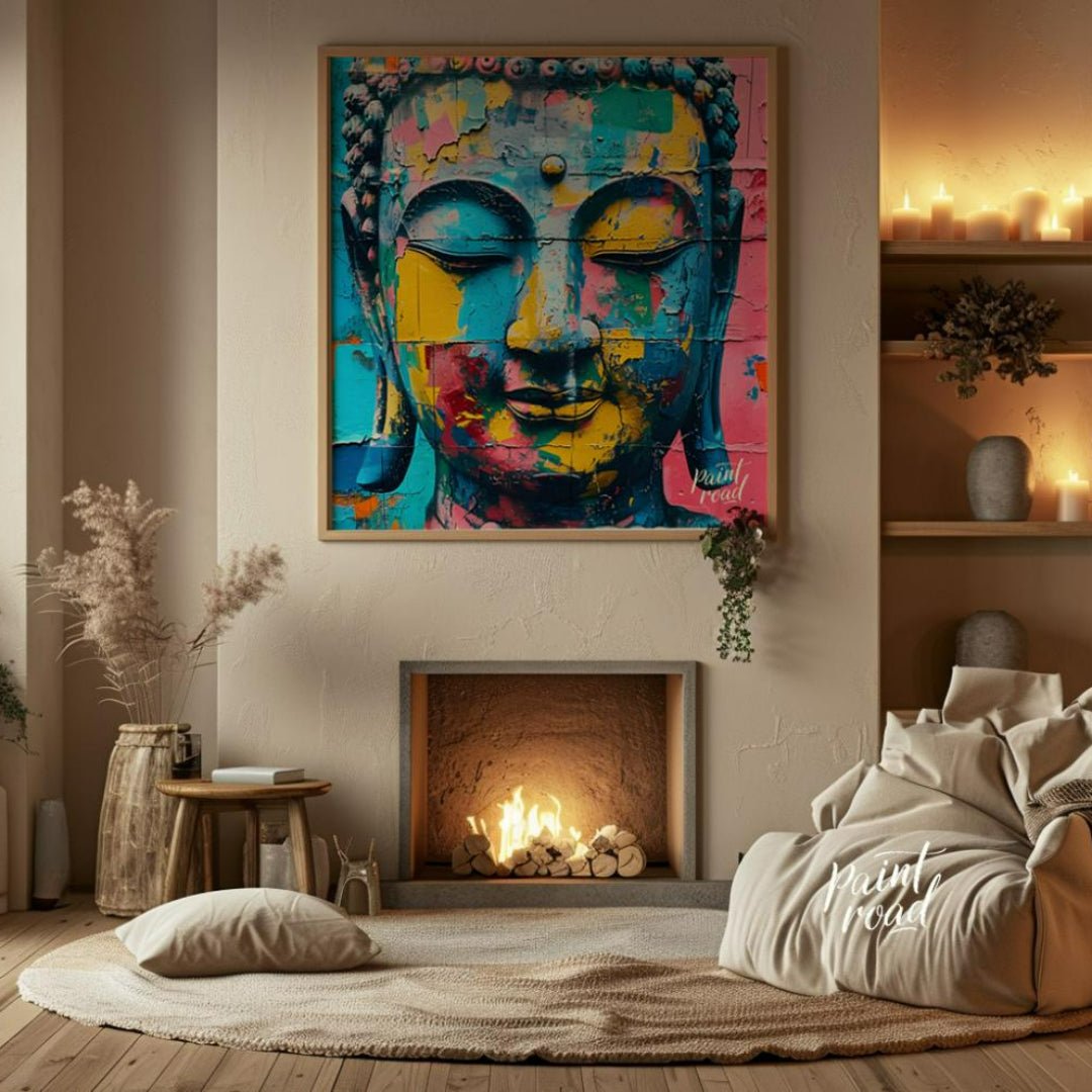 Awakening in Color" portrays Buddha's serene visage in a vibrant, modern context. Bold strokes of c… for living room