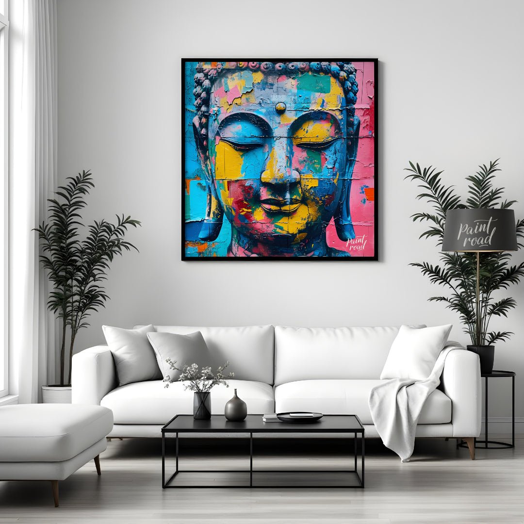 Awakening in Color" portrays Buddha's serene visage in a vibrant, modern context. Bold strokes of c… for living room