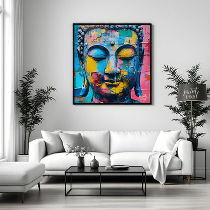 Awakening in Color" portrays Buddha's serene visage in a vibrant, modern context. Bold strokes of c… for living room