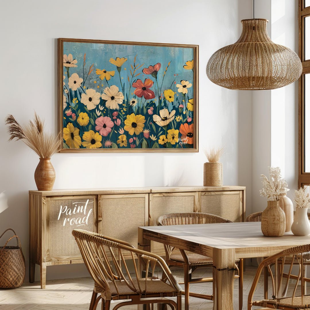 This vibrant digital painting captures a whimsical meadow filled with an array of colorful flowers … for dining room