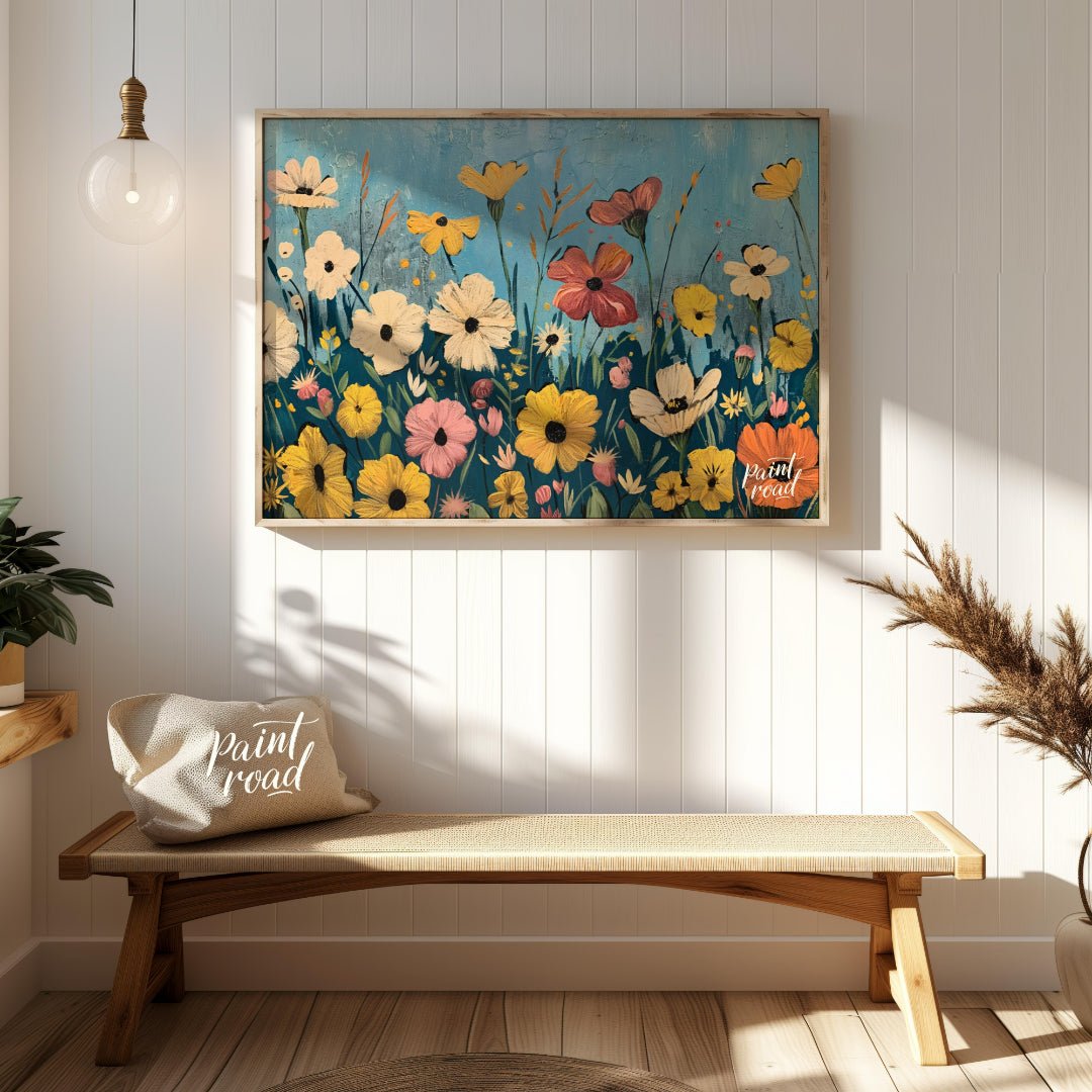 This vibrant digital painting captures a whimsical meadow filled with an array of colorful flowers … for entryway