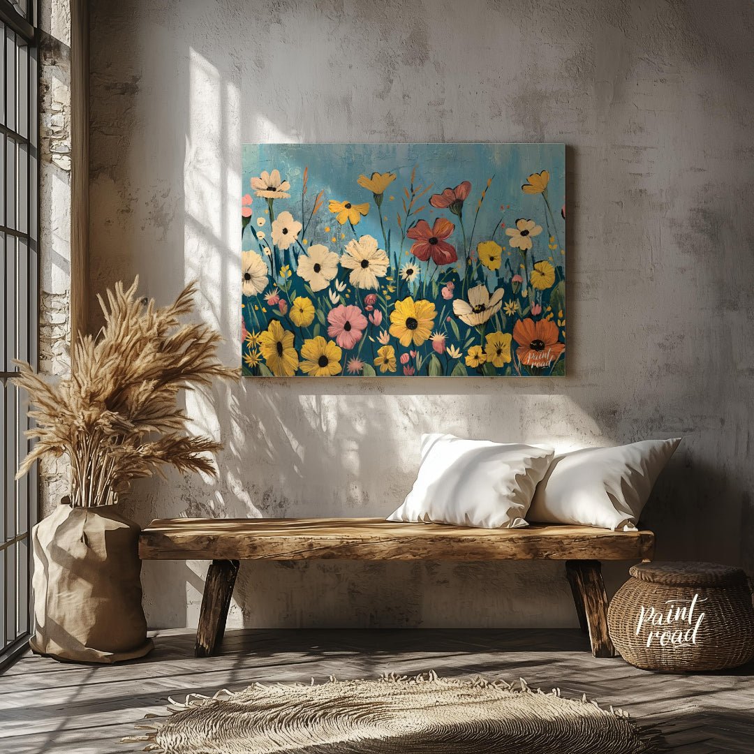 This vibrant digital painting captures a whimsical meadow filled with an array of colorful flowers … for entryway