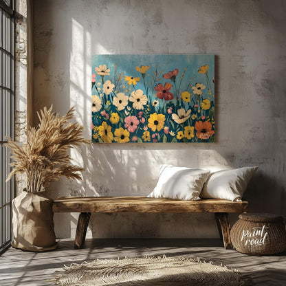 This vibrant digital painting captures a whimsical meadow filled with an array of colorful flowers … for entryway